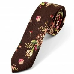 Tailor Toki Cravate marron en lin motif floral